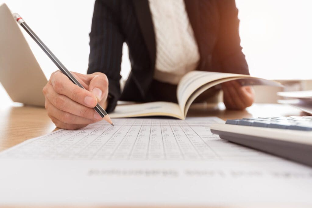 Businesswoman reviewing financial data.