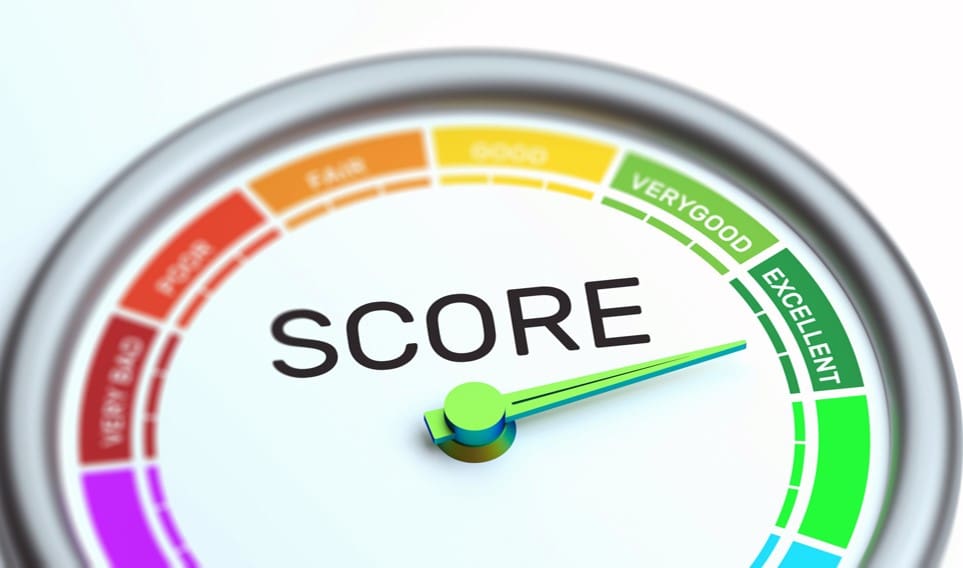 Business credit score dial showing ratings from poor to excellent, representing financial health and growth for entrepreneurs.