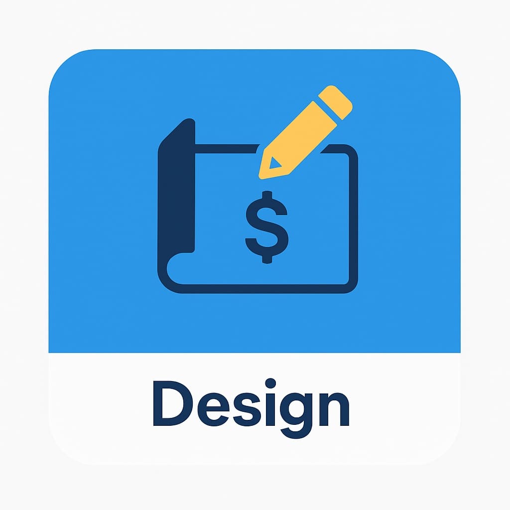 Icon with pencil and dollar sign, "Design".