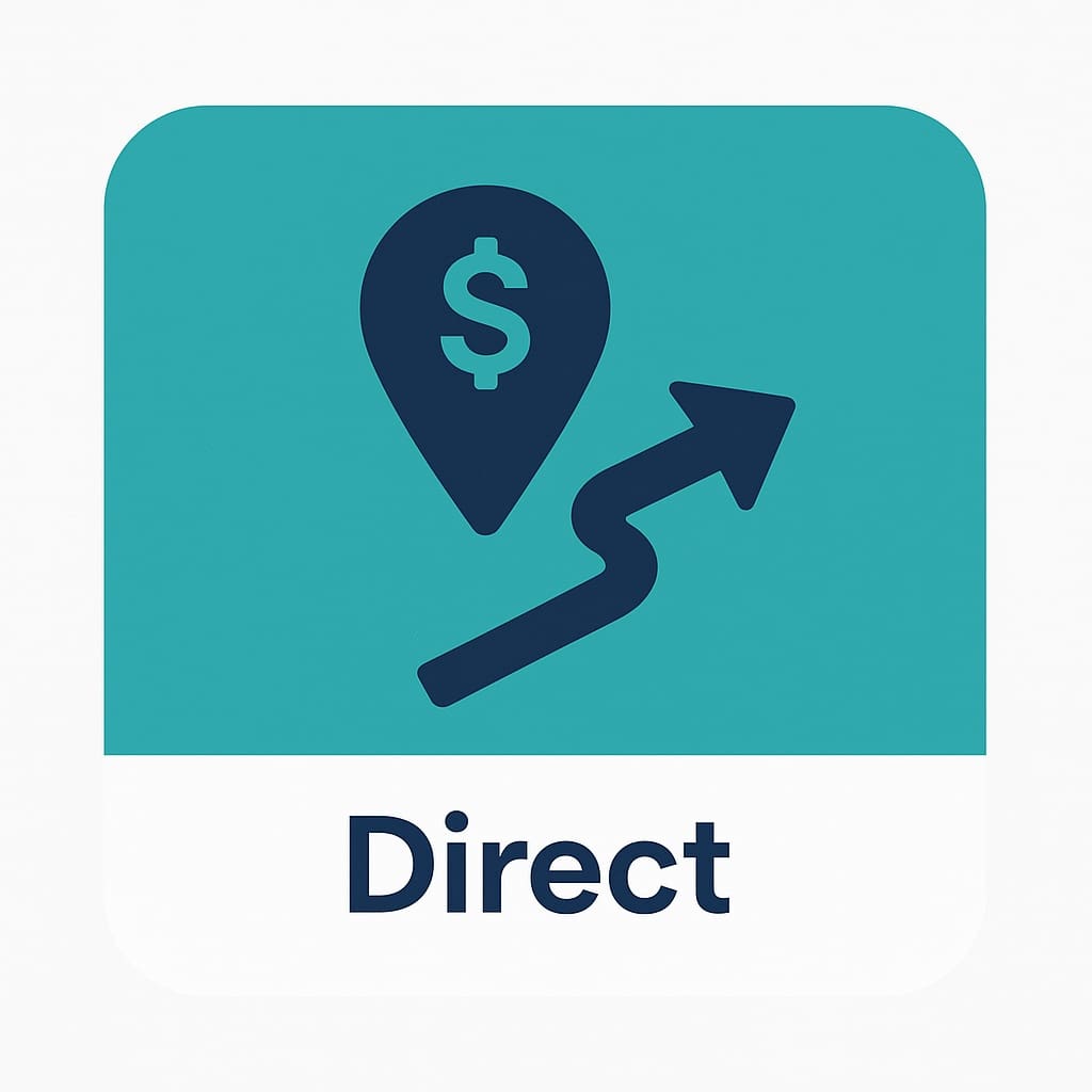 Direct money icon with arrow and symbol.